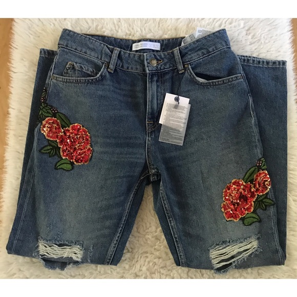 NWT Zara Floral Sequin Beaded Distressed Jeans - Picture 5 of 8